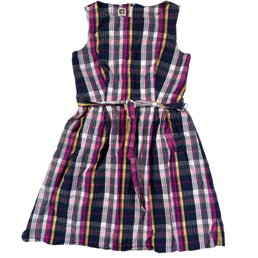 Anne Klein Womens Plaid Sleeveless Fit Flare Belted Dress Magenta Navy Yellow 12 - Picture 2 of 13